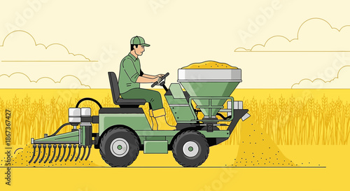 Illustration of a farmer spreading seeds in a field using modern farm equipment in simplified colors