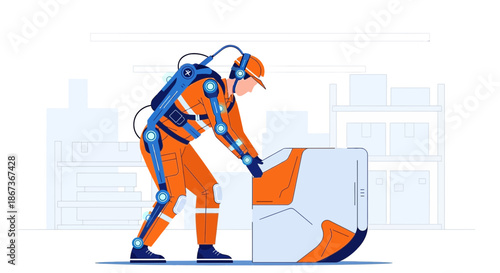 Illustration depicting a worker in an exoskeleton assisting with heavy lifting in warehouse