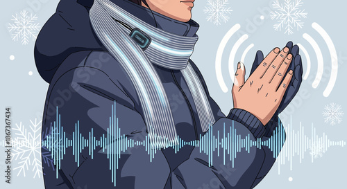 Illustration depicting a person in winter attire with heated scarf and hands warming in cold weather