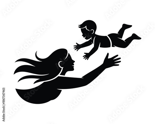 woman catching baby in mid air flying