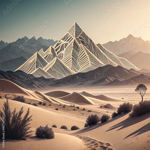 Geometric Crystal Mountain Over Desert Dunes