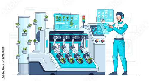 Illustration showcasing automated futuristic vertical farming and horticultural technology in