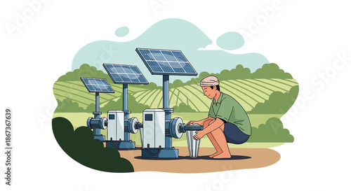 Illustrative depiction of farmer using solar panel irrigation in rural farmland area