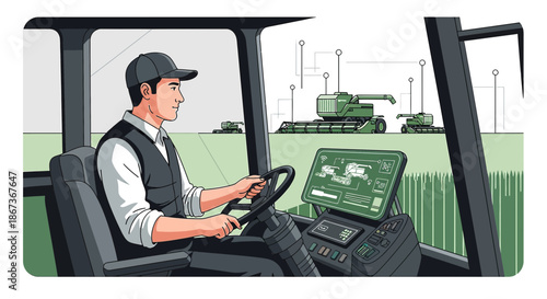 Illustrative depiction of a modern agricultural vehicle with advanced technological systems in the