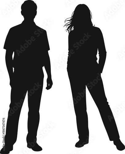 Black silhouettes of two standing individuals in casual clothing, emphasizing posture, style, and human form for design and illustration