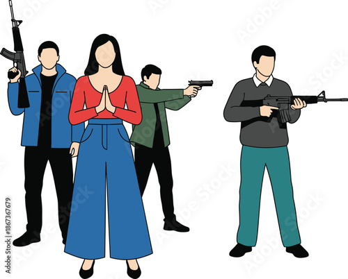 Group of Armed People With Firearms and Woman Showing Peace Gesture Isolated on White Flat Vector Illustration