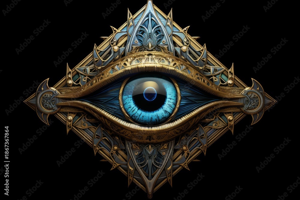 Naklejka premium Ornate golden and blue all seeing eye of providence symbol on a black background
