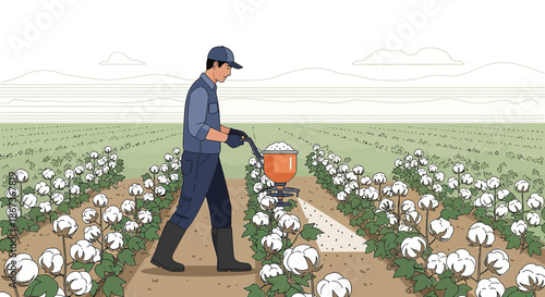 Illustrative scene displaying a cotton farmer tending to crops in the field with equipment