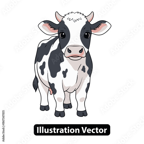 A cartoon cow stands facing forward with a white and black coat in an illustration.