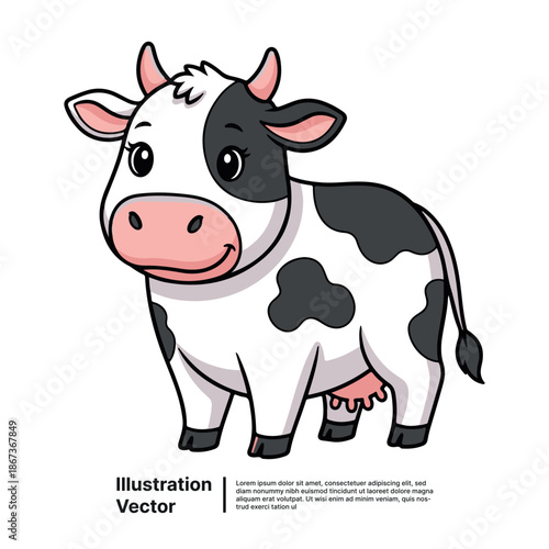 Cartoon cow standing on green pasture viewed from the side with a cheerful expression