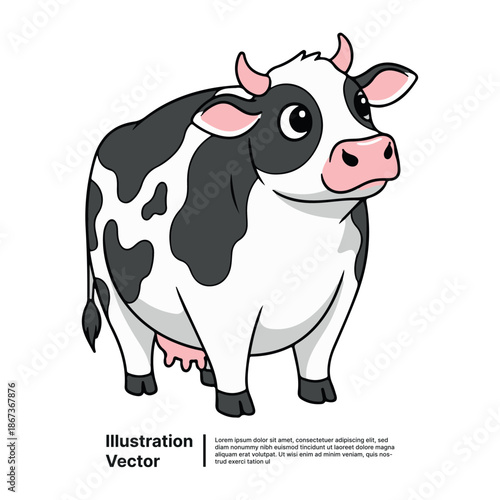 A cartoon cow standing in a simple white background with a vector illustration style