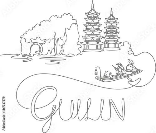 Guilin landmarks and cormorant fisherman one line art vector illustration