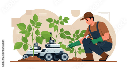 Innovative Agricultural Landscape: Farmer Collaborating with Robotics for Sustainable Farming