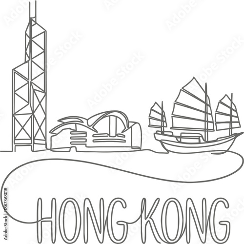 Hong Kong city skyline landmarks continuous line vector illustration