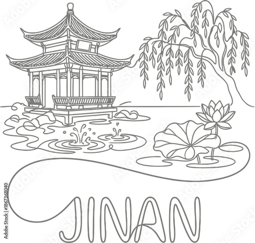 Jinan city landmark pavilion and lotus pond vector illustration