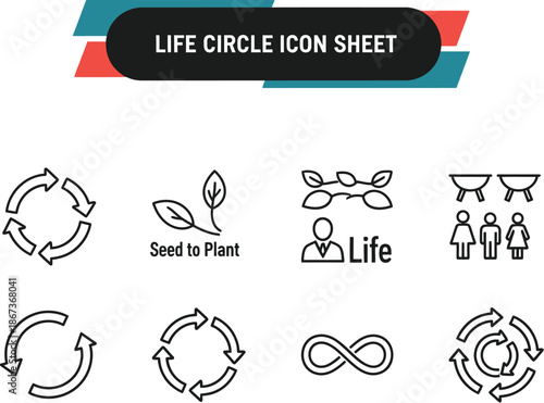 Black outline icon sheet illustrating natural life cycle and growth concepts