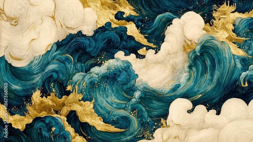 Wallpaper Mural A vibrant abstract design featuring swirling waves in deep teal and gold accents, perfect for backgrounds, textiles, or wall art, This image adds a dynamic touch to any creative project, Torontodigital.ca