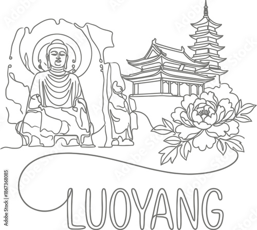 Luoyang city landmarks with Buddha and peony vector illustration