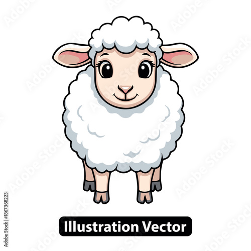 Cute cartoon sheep illustration standing and smiling, isolated on white background