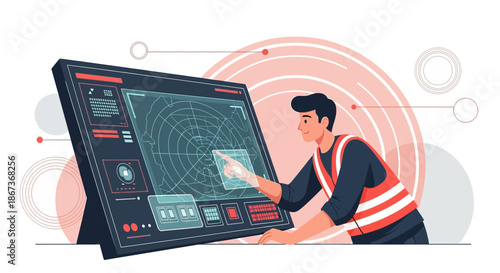 Innovative illustration of a worker using a futuristic touch screen technology interface