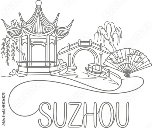 Suzhou city garden landmarks and landscape vector illustration