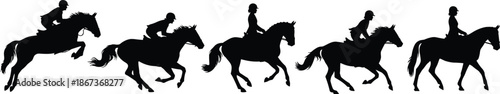 Horse riding and equestrian sport silhouettes showing jumping, galloping, and racing poses, highlighting teamwork, speed, balance, professional training, and outdoor competition concept