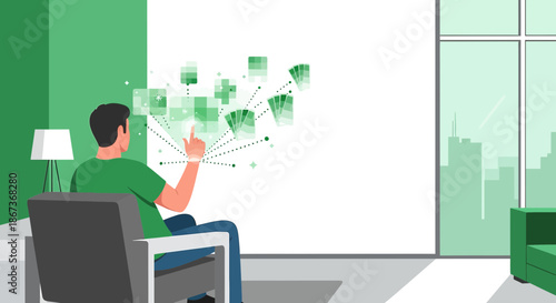 Innovative interior designer interacting with digital color palettes in an elegant space