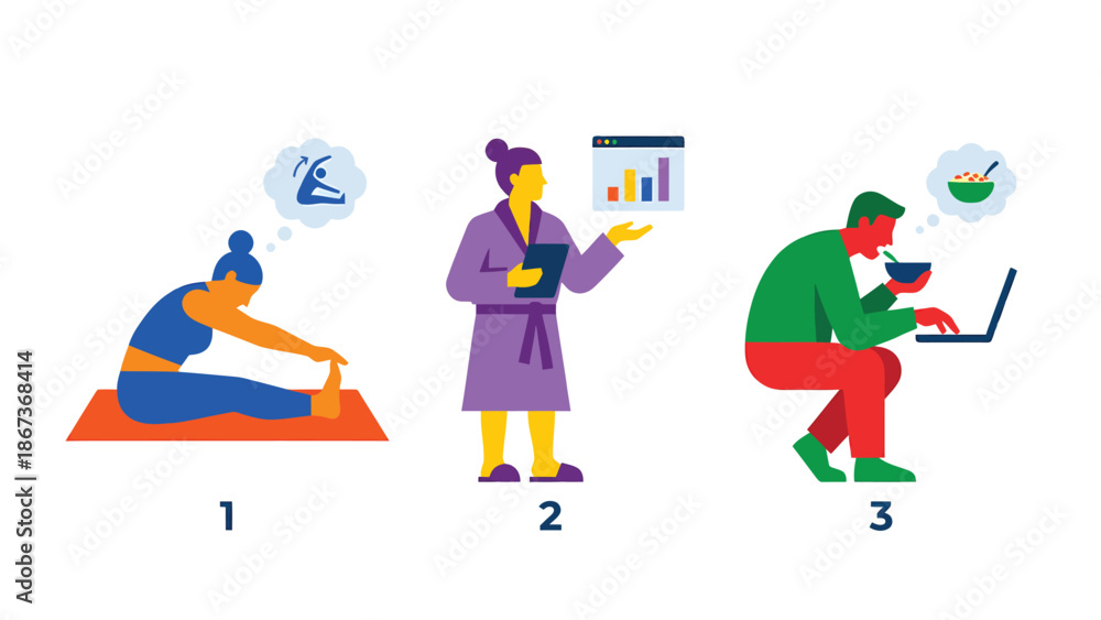Fototapeta premium Illustrated Daily Routine: Exercise, Work, and Meal Time in Vibrant Colors