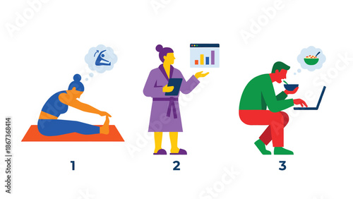 Illustrated Daily Routine: Exercise, Work, and Meal Time in Vibrant Colors