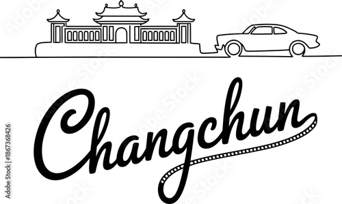 Changchun city skyline with traditional architecture and car vector illustration