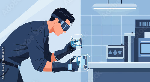 Innovative technician leveraging augmented reality in advanced industrial manufacturing process