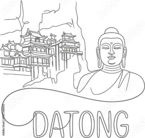 Buddha statue and temple in Datong China line art vector