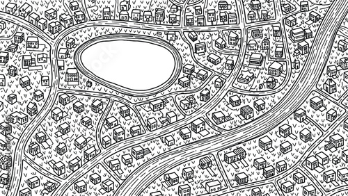 Aerial View Of A Curved Road Network Surrounding A Central Oval Lake In A Doodle Town