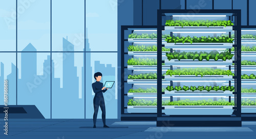 Innovative vertical farming operation in futuristic city controlled with digital precision
