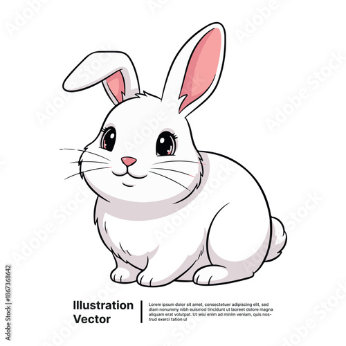 Adorable white rabbit illustration, a charming and fluffy cartoon animal character with pink ears, sitting peacefully