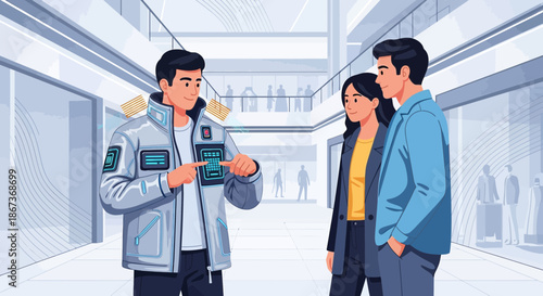 Interactive informational kiosk for couple in modern interior with guide using digital screen jacket