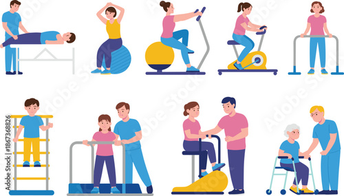 Physical therapy and rehabilitation vector illustration set showing patients with therapists performing exercises, recovery training, and mobility treatment using medical equipment isolated