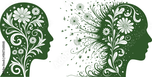 Human head silhouette with floral botanical patterns vector illustration symbolizing mental health, nature harmony, creativity, mindfulness, and psychological wellness concept isolated 