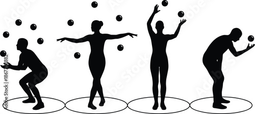 Juggling human silhouette sequence showing body movement and coordination, black performer figures tossing balls isolated on white background for sport and concept design