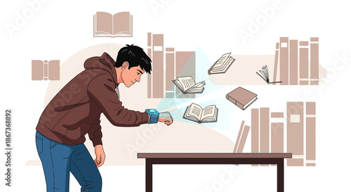 Man using augmented reality watch to summon and access digital books in library setting