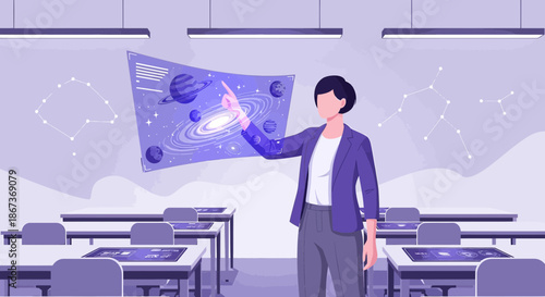 Modern classroom with augmented reality, interactive learning, exploring the solar system and