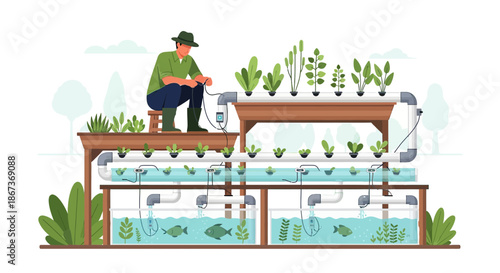 Modern aquaponics system illustration showing a farmer tending to plants and fish farming