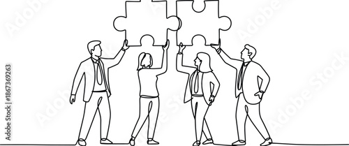 Line drawing of business professionals holding puzzle pieces together, symbolizing teamwork, collaboration, and problem-solving in corporate strategy and organizational unity.