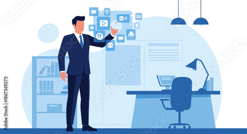 Modern professional accessing digital interface with innovative business technology integration