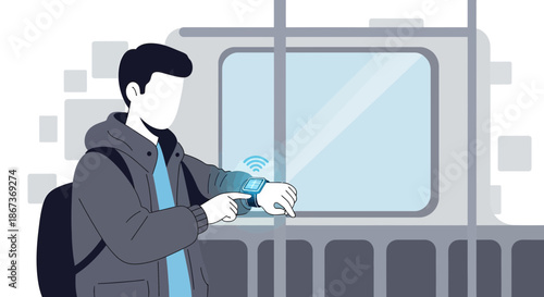 Modern passenger commuting with smart device connectivity using smartwatch near window