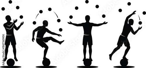 Juggling performer silhouettes balancing on ball and tossing objects, illustrating circus skills, coordination, balance, entertainment 