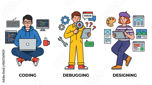 Illustrations of Coding, Debugging, and Designing Processes in Technology