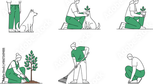 People Gardening Activities Illustration Set with Dog Care, Tree Planting, Yard Work, Minimal Line Art Flat Vector