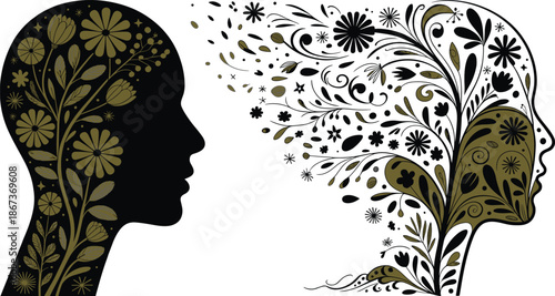 Two floral-filled human head silhouettes facing each other, symbolizing creative communication, emotional exchange, and artistic thought in botanical design.
