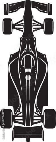 Detailed top view silhouette illustration of a modern open wheel formula race car showcasing aerodynamic design elements and large tires